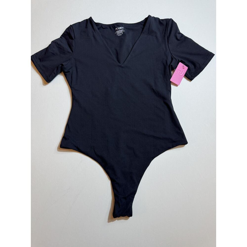 PUMIEY Women's V Neck Short Sleeve Bodysuit Sexy Tops Sharp‎ Collection Sz M